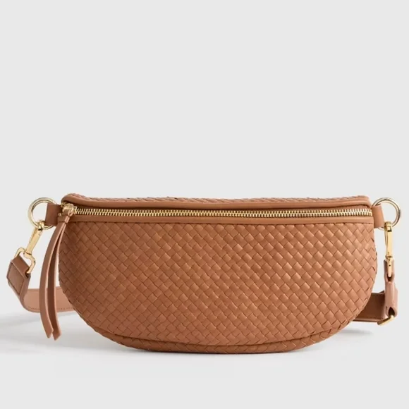 Quince Italian Leather Handwoven Sling Bag In Cognac - Picture 2 of 9